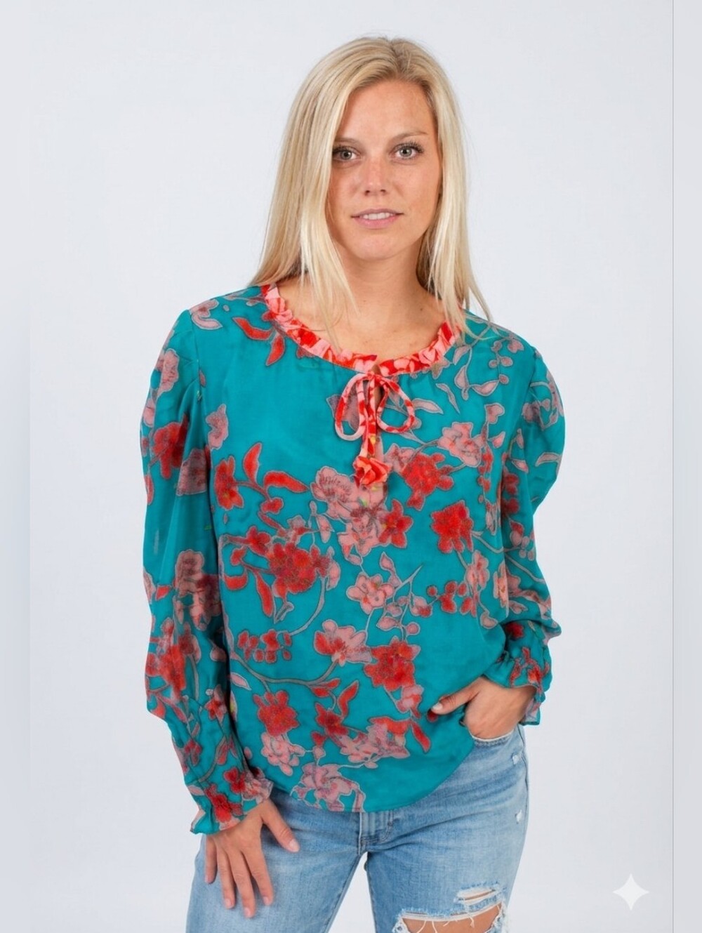 MISA Los Angeles Designer Floral Blouse S Teal Boho Tie Neck Smocked Sleeve Top